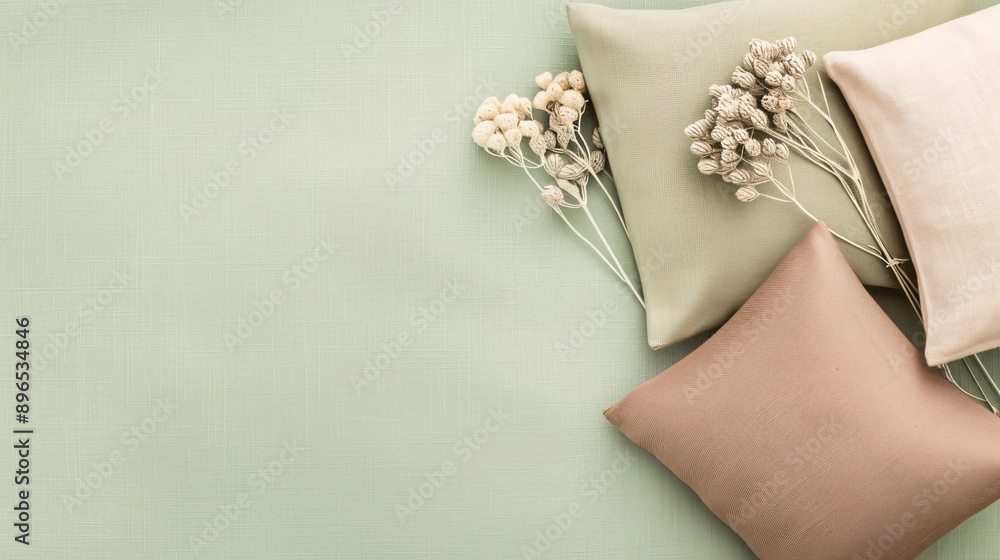 Three Pillows And Dried Flowers On Green Background. Three Pillows And Dried Flowers On Green Background.