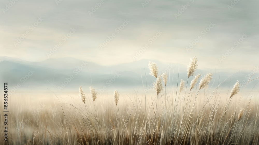 Obraz premium Ethereal landscape featuring graceful reeds in soft hues under a serene sky, capturing the essence of tranquility and natural beauty.