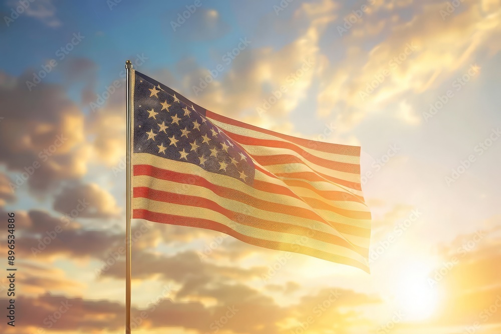 Obraz premium United States flag gently fluttering in the wind at sunset, with a high-quality backdrop capturing the warm hues of the sky and tranquil surroundings 