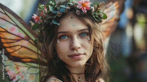 Beautiful Fantasy fairy tale young woman with flower crown and fairy wings © afridwi1999