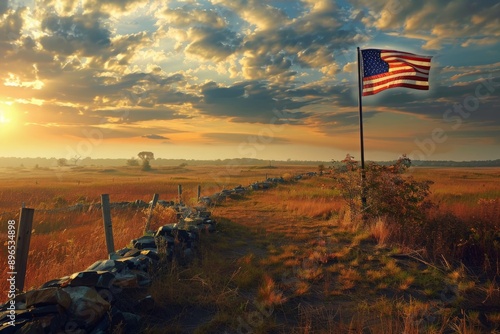 United States flag flying above a historic battlefield, with a high-quality backdrop emphasizing the significance and heritage of the site 