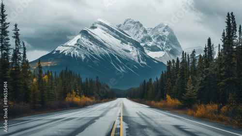 Winter road landscape with a view of snow-capped mountains surrounded by a pine forest.