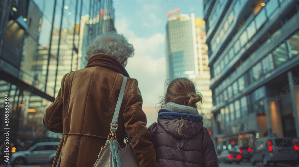 Grandmother and young girl stroll in the city near offices viewed from behind Grandmother and young girl stroll in the city near offices viewed from behind