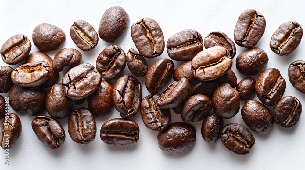 Top view of coffee beans on a white background with copy space. Top view of coffee beans on a white background with copy space.