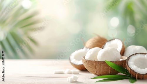 Fresh coconut halves display creamy flesh, set against a soft, natural background, perfect for tropical-themed designs.