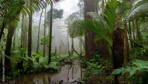 Una densa selva tropical con árboles altos y una diversidad de flora y fauna.