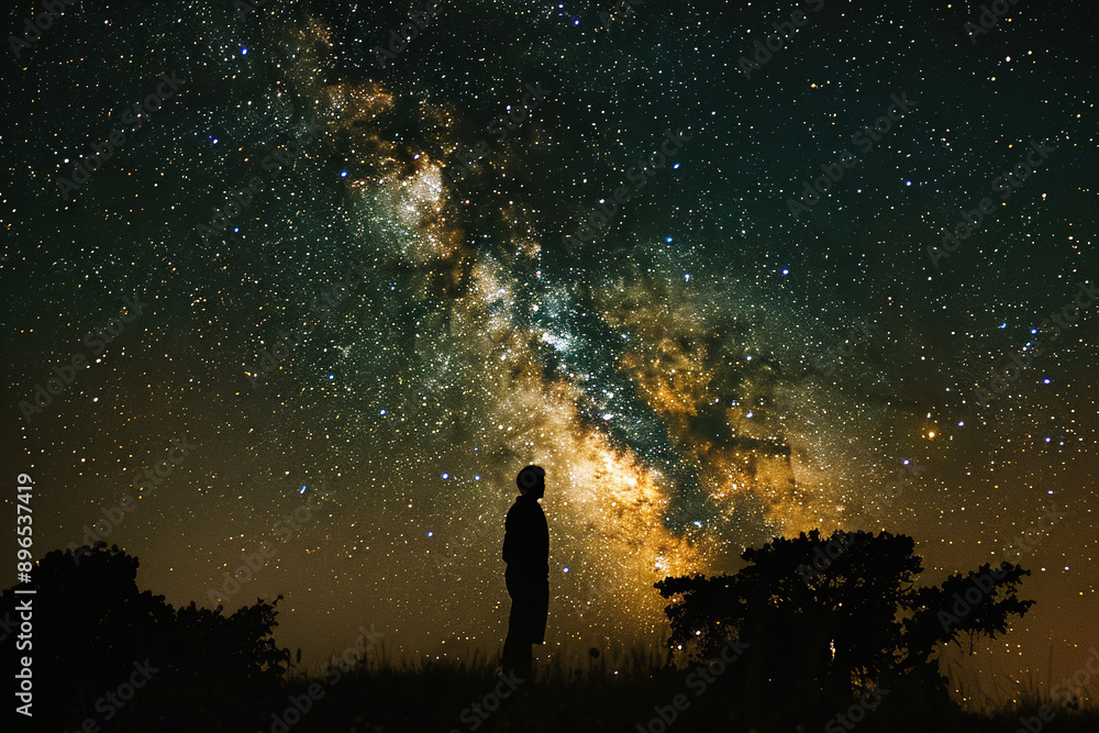 Fototapeta premium Night Sky: A person looking up at the stars from their campsite.