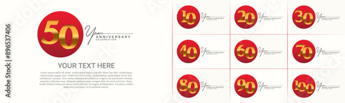 anniversary logotype set vector, red color circle and golden number for special day celebration