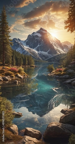 Mountain lake with reflection of snow-capped peaks at sunset