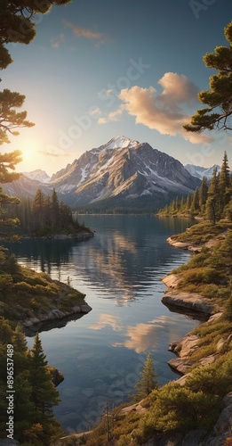 Mountain lake with reflection of snow-capped peaks at sunset