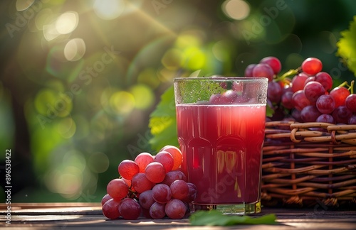 Wallpaper Mural Red grape juice, grapes, wooden table, basket, green background, refreshing, vibrant, fruit, beverage, natural, organic, healthy, rustic, juicy, elegant Torontodigital.ca