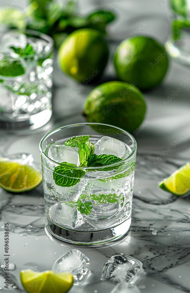 A marble table with a mojito cocktail, limes, and a light grey backdrop A marble table with a mojito cocktail, limes, and a light grey backdrop