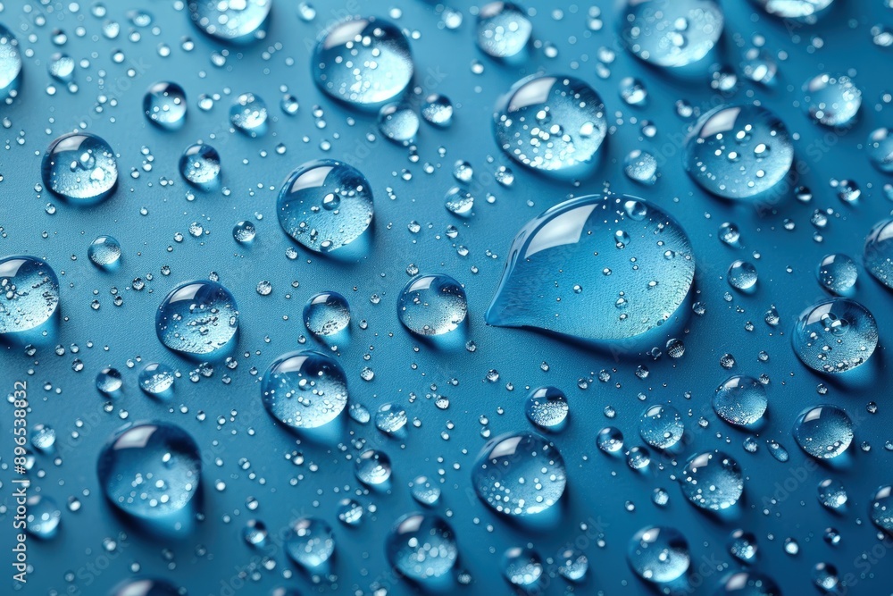 Light blue background with water drops, flat lay, top view. Light blue background with water drops, flat lay, top view.