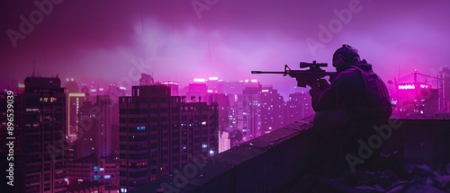 Man cyberpunk soldier holding sniper rifle and assault rifle with zoom telescope on rooftop cyberpunk city