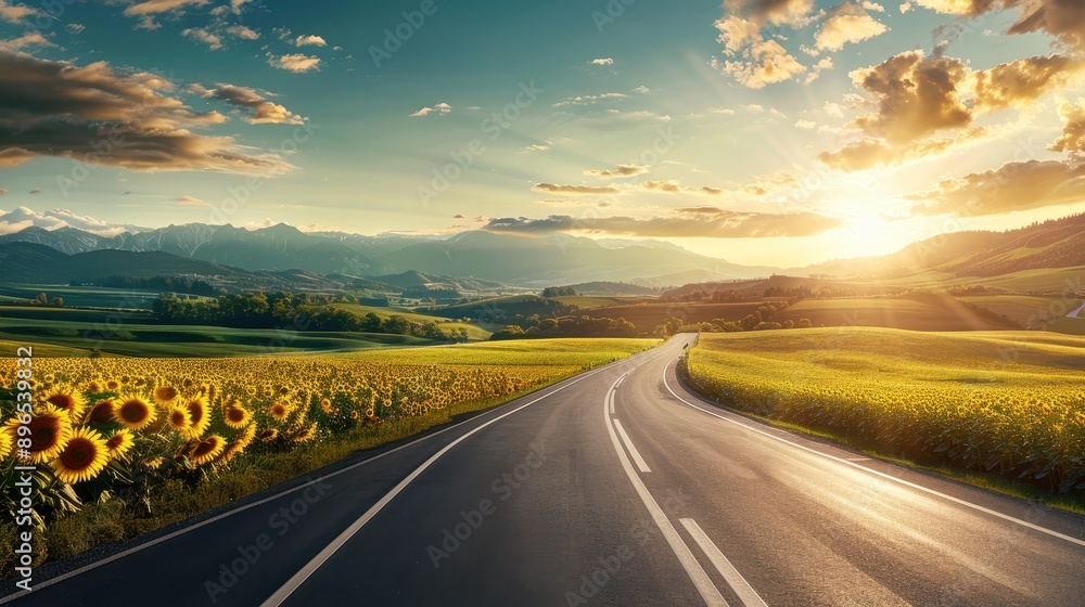 Naklejka premium A scenic road bathed in golden sunlight, surrounded by vibrant sunflowers and majestic mountains under a clear sky.