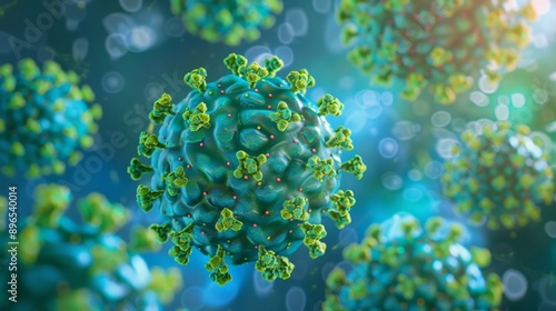 HPV virus 3D rendered blue and green illustration microscopic view. Science, biology, health concept background design photo