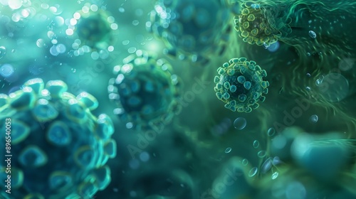 HPV virus 3D rendered blue and green illustration microscopic view. Science, biology, health concept background design