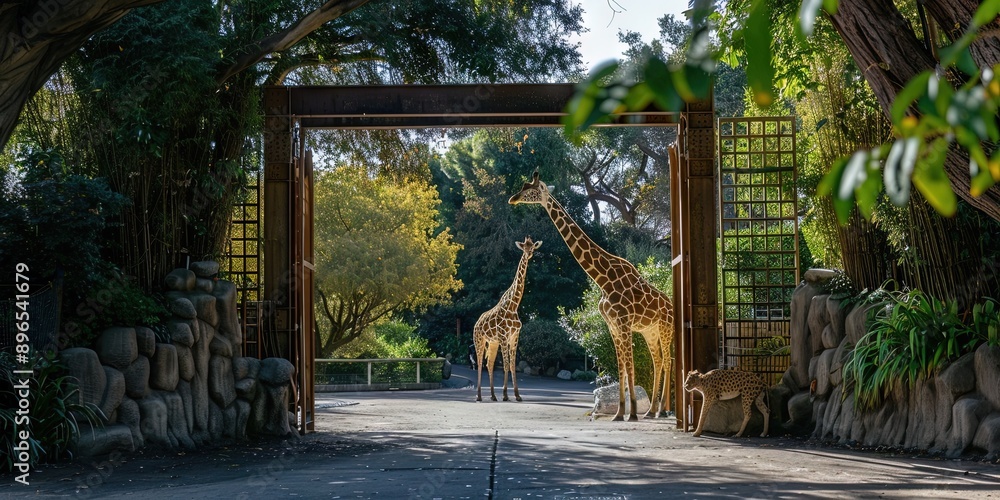 Naklejka premium zoo entrance gate with animals roaming free