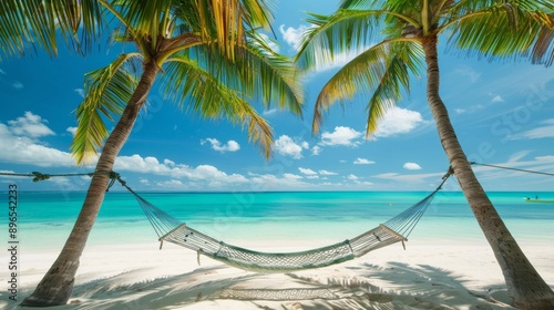 Hammock Between Palm Trees on Tropical Beach.