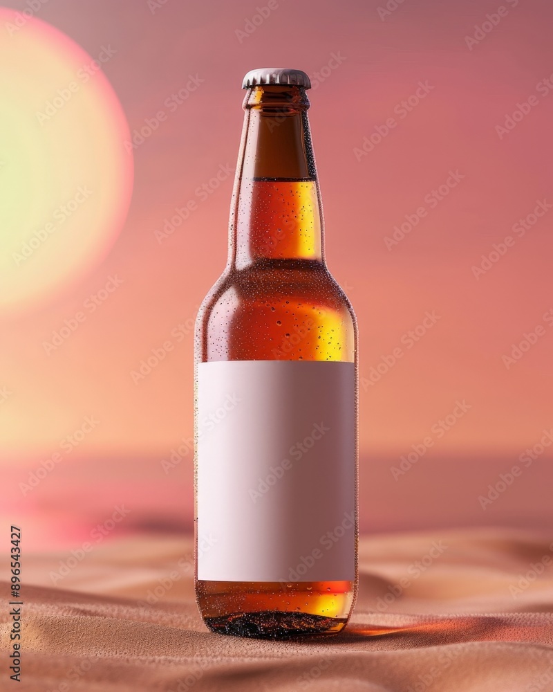 Chilled beer bottle with blank label on sandy beach at sunset. Chilled beer bottle with blank label on sandy beach at sunset.