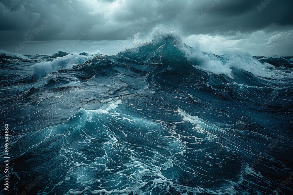 A photo of the ocean with dark stormy waves, cloudy sky, and rough sea in dark blue. A photo of the ocean with dark stormy waves, cloudy sky, and rough sea in dark blue.