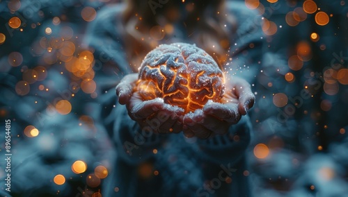 Person Holding Illuminated Brain Symbolizing Creative Thinking and Intelligence, Dark Background with Bokeh Lights, Magical Atmosphere
