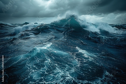 A photo of the ocean with dark stormy waves, cloudy sky, and rough sea in dark blue.