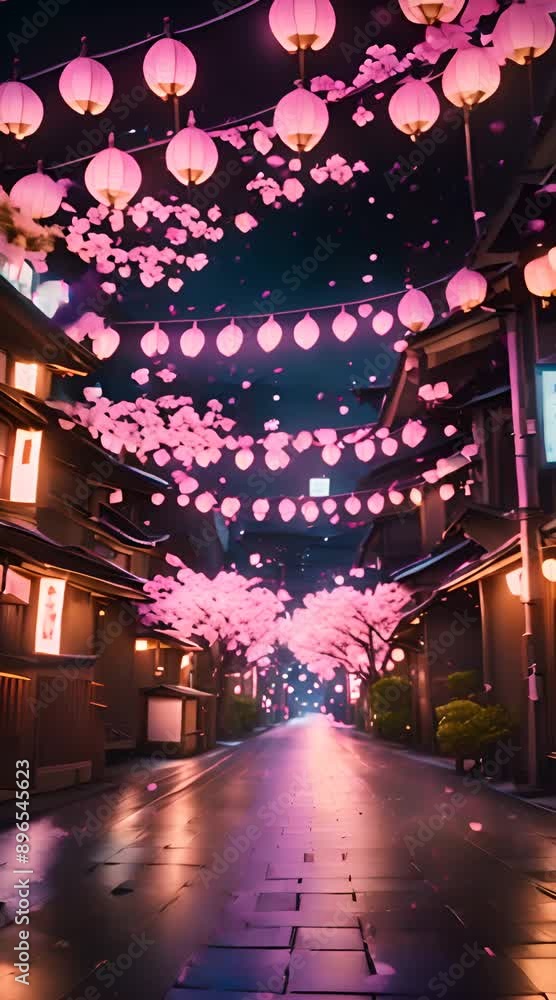 A vibrant Japanese anime street in the night, glowing with neon signs and lanterns A vibrant Japanese anime street in the night, glowing with neon signs and lanterns