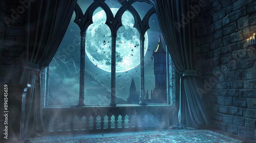 Luxurious fantasy castle room with a grand window revealing a full moon under a magical night sky
  Seamless looping 4k time-lapse virtual video animation Generated AI