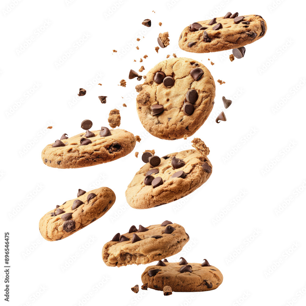 Flying pile cake crumbs chocolate chip cookies isolated on transparent white background, clipping path Flying pile cake crumbs chocolate chip cookies isolated on transparent white background, clipping path