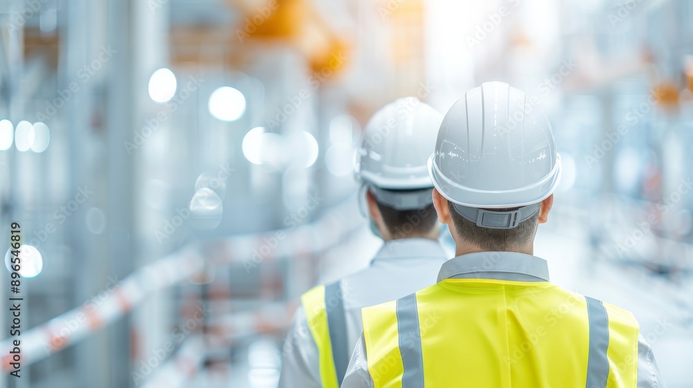 Two construction workers in safety gear observing an industrial site. Focus on teamwork and safety in a modern environment. Two construction workers in safety gear observing an industrial site. Focus on teamwork and safety in a modern environment.