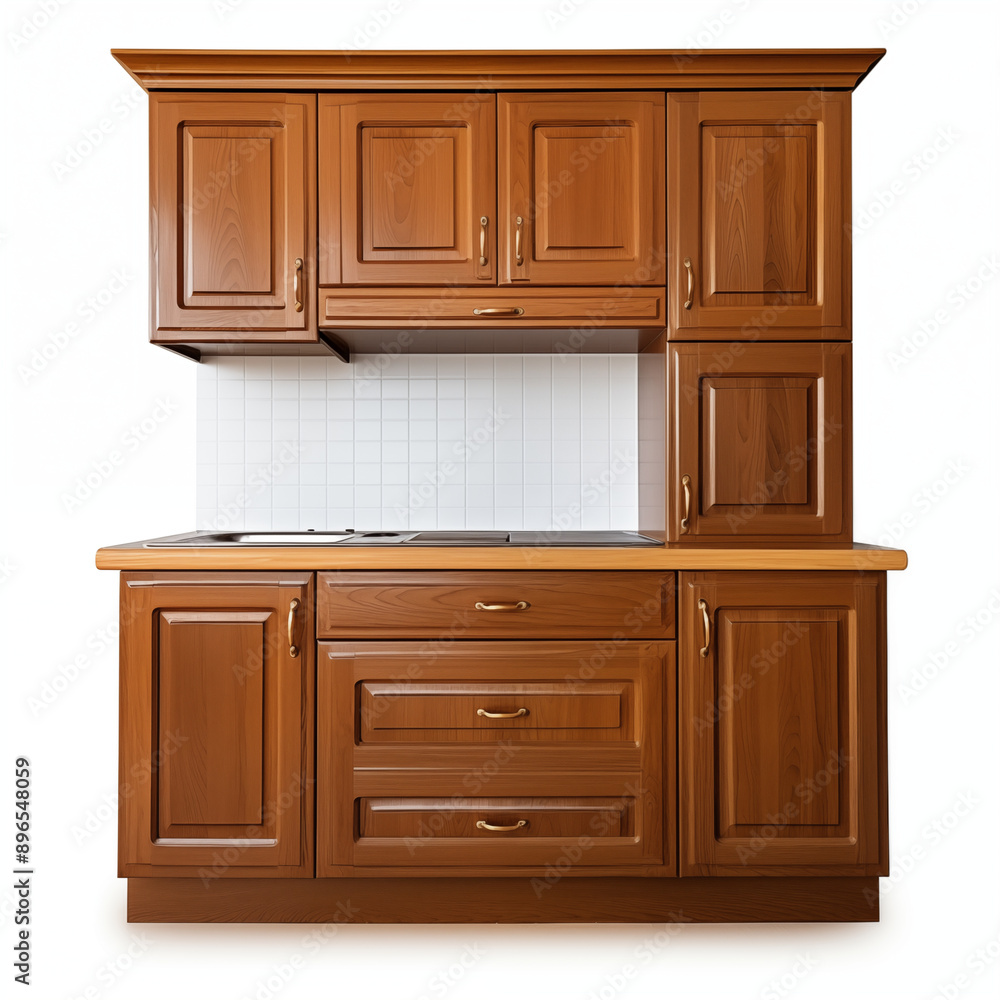 Wooden Kitchen Cabinet with White Tile Backsplash Wooden Kitchen Cabinet with White Tile Backsplash