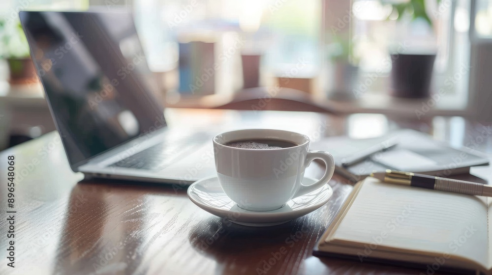 A modern office desk setup with a laptop, a cup of coffee, and an open notebook. A modern office desk setup with a laptop, a cup of coffee, and an open notebook.
