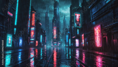 Wallpaper Mural Illustration of Cyberpunk city street on a rainy, moody night, with neon lights and reflections from the signs on the buildings, foggy atmosphere surrounding futuristic empty city street Torontodigital.ca