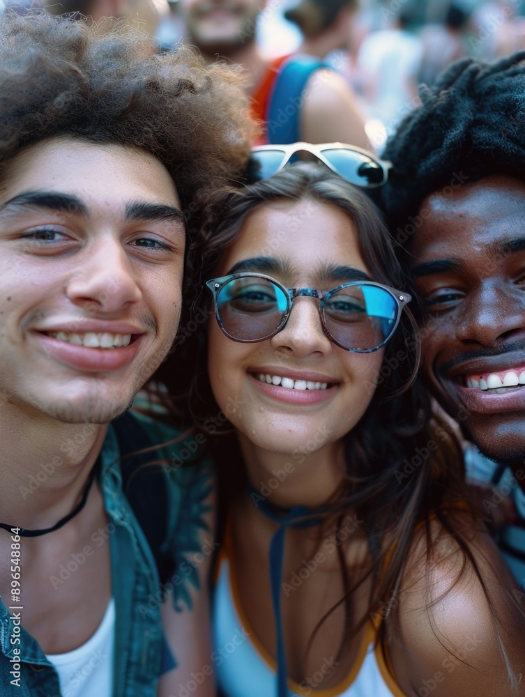 A group of young adults standing in a row, united and smiling A group of young adults standing in a row, united and smiling