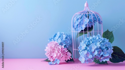 Hydrangea flowers and cage on pink blue background for interior decoration