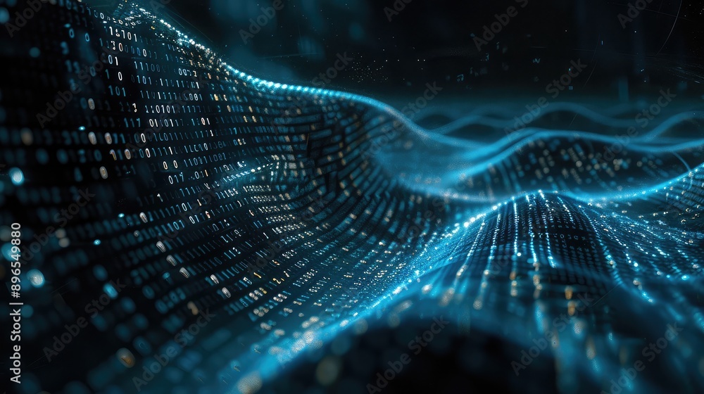 Abstract waves of binary code flowing through a dark, futuristic background. Abstract waves of binary code flowing through a dark, futuristic background.