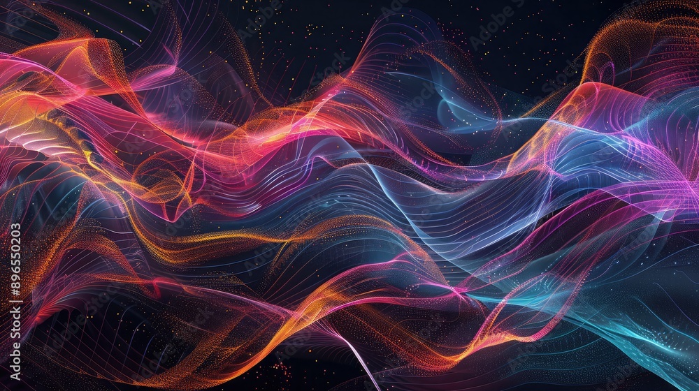 An abstract background with swirling data lines and digital particles. An abstract background with swirling data lines and digital particles.