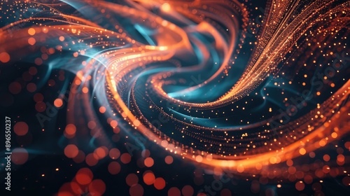 An abstract background with swirling lines and glowing dots representing data flow.