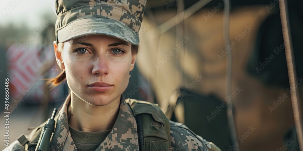 Female military veteran in uniform - fictional soldier not associated with any country Female military veteran in uniform - fictional soldier not associated with any country