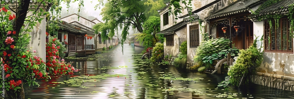 Jiangnan Watertown, Zhouzhuang, Jiangsu, houses, flowing water, red flowers, green willows, Jiangnan Watertown, Zhouzhuang, Jiangsu, houses, flowing water, red flowers, green willows,
