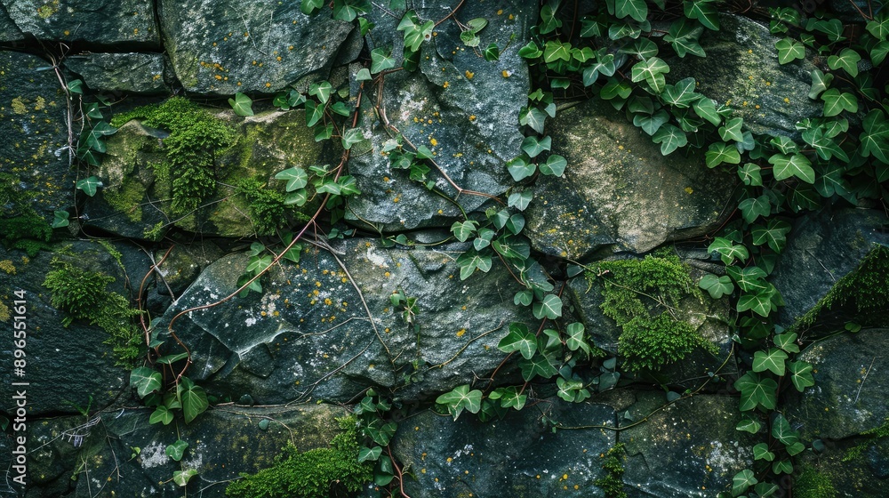 An ancient stone wall covered with moss and ivy, revealing the passage of time and nature's reclaim.