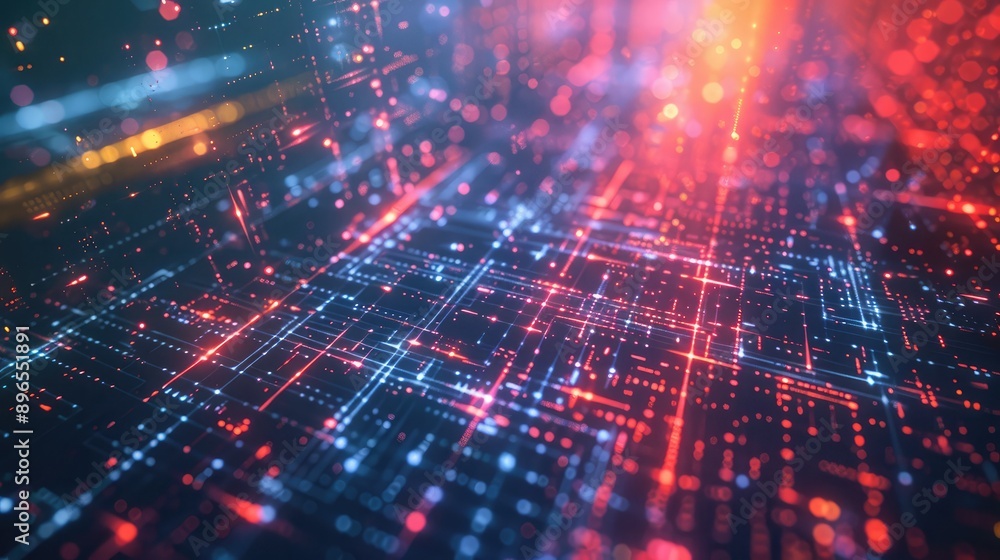 Brightly colored digital particles moving through a futuristic grid. Brightly colored digital particles moving through a futuristic grid.