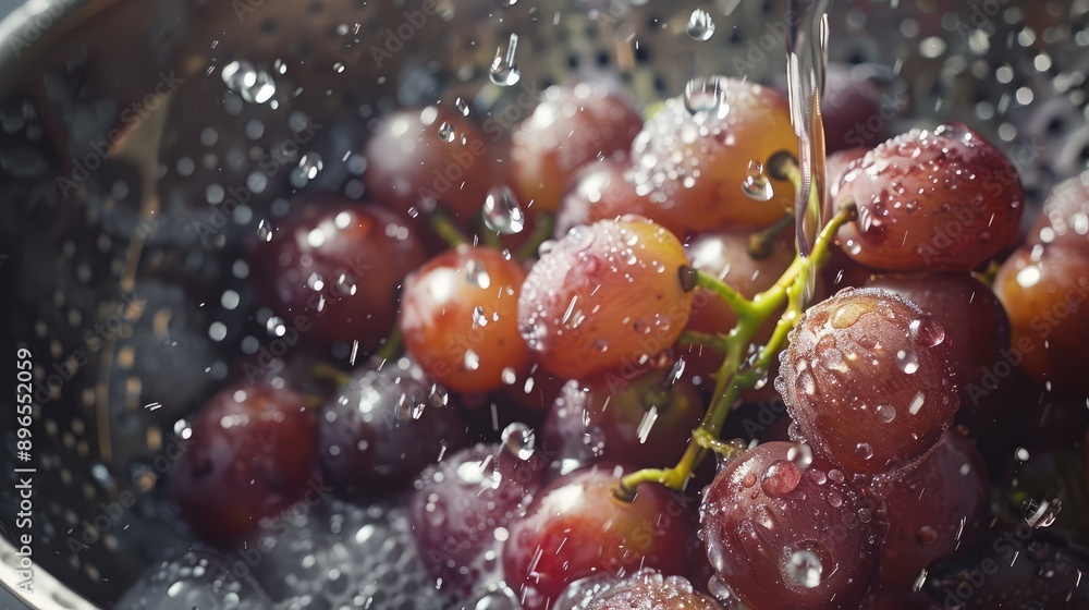 Freshly washed grapes in a colander, with water droplets glistening in the sunlight. Freshly washed grapes in a colander, with water droplets glistening in the sunlight.