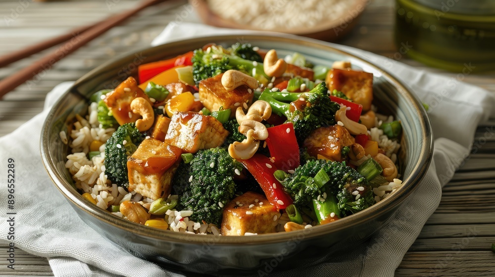 A healthy stir-fry with tofu, broccoli, bell peppers, and cashews, served over brown rice. A healthy stir-fry with tofu, broccoli, bell peppers, and cashews, served over brown rice.