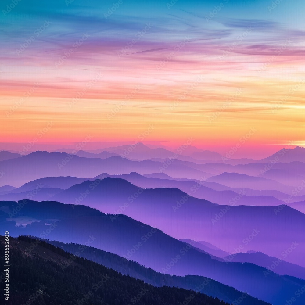 Fototapeta premium Misty mountain range at sunrise with vibrant sky, nature landscape. Tranquil and serene concept