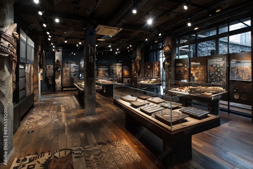 Various cultural artifacts are displayed in a contemporary museum setting, showcasing the intricate design and cultural significance of each piece across different eras. Various cultural artifacts are displayed in a contemporary museum setting, showcasing the intricate design and cultural significance of each piece across different eras.