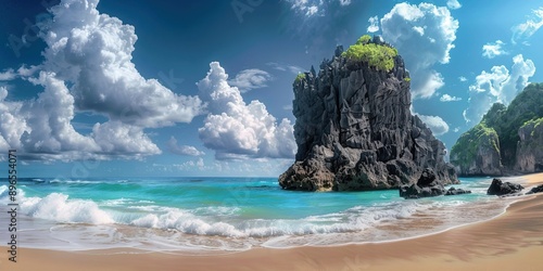 towering, jagged, dark gray rock formation on the beach