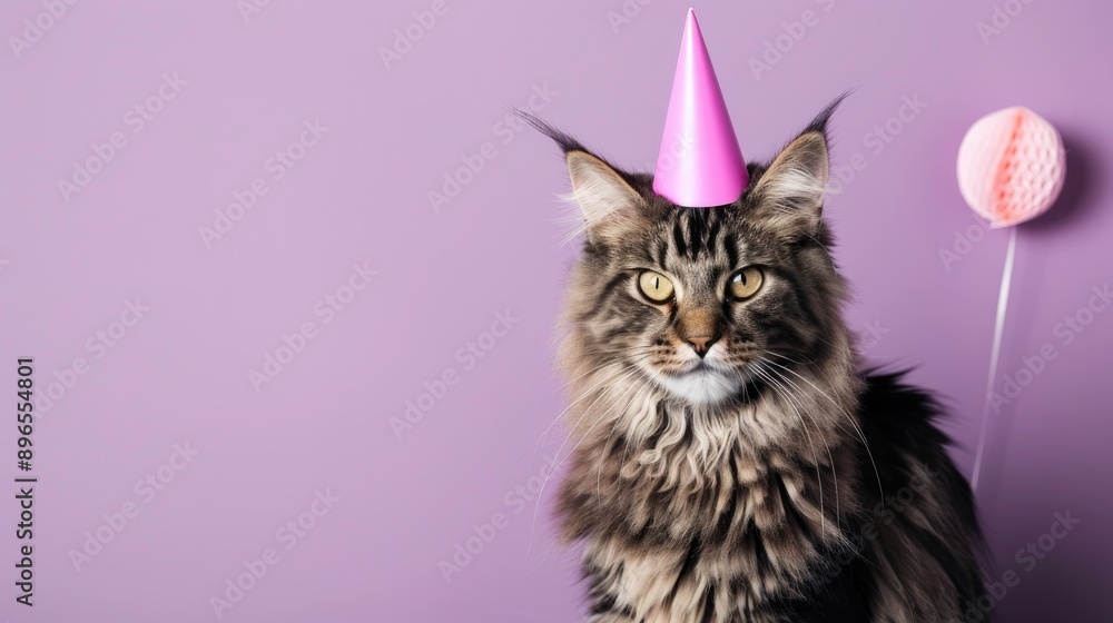 Young Maine Coon cat in pink birthday hat looking at camera on purple background Young Maine Coon cat in pink birthday hat looking at camera on purple background