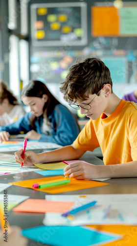 A focused student sketches on colorful paper in a bright classroom filled with creativity and learning.